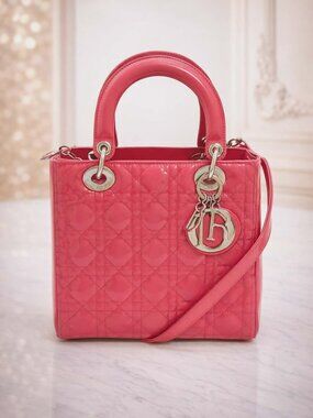 Authentic Lady Dior Medium Patent Leather Pink Cannage Shoulder Bag